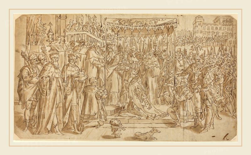 after Maarten de Vos, Coronation of the Emperor, pen and brown ink over graphite and touches of black crayon on laid paper