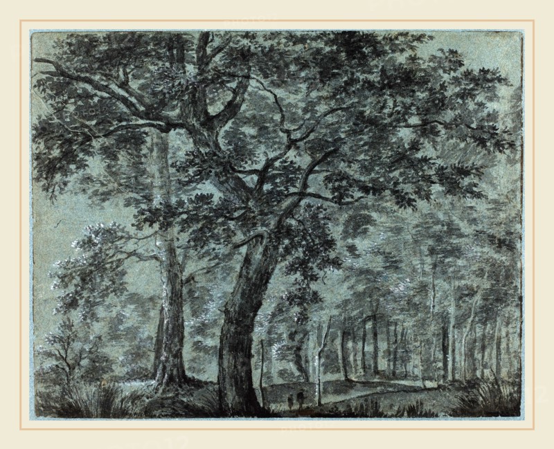 Joris van der Haagen, Dutch (1615-1669), Woods at Night with Travelers, brush and gray wash with heightened with white gouache on blue laid paper, laid down on blue album sheet