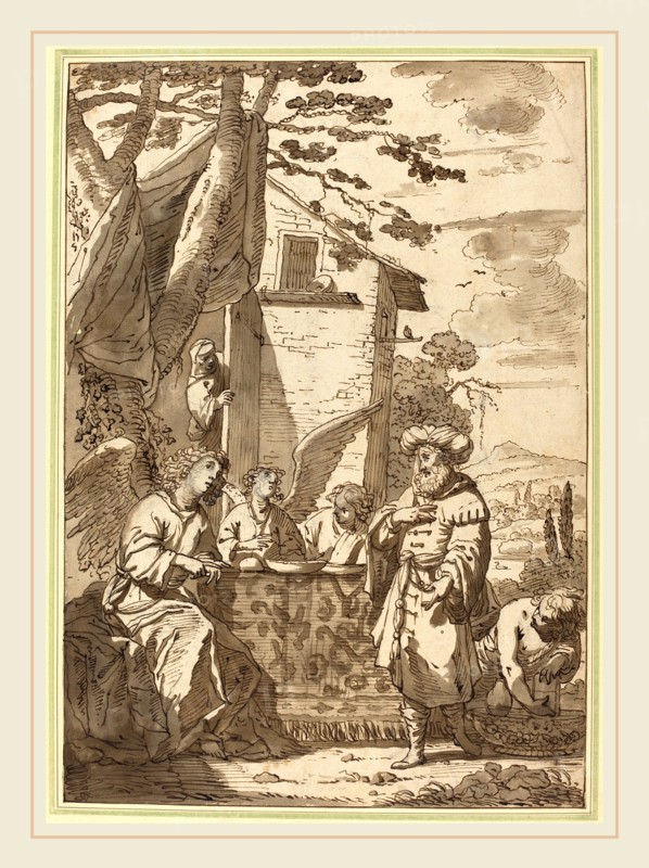 Jan Tengnagel, Dutch (1584-1635), Abraham Entertaining the Angels, 1610-1620, pen and brown ink with wash over black chalk and graphite on laid paper; laid down