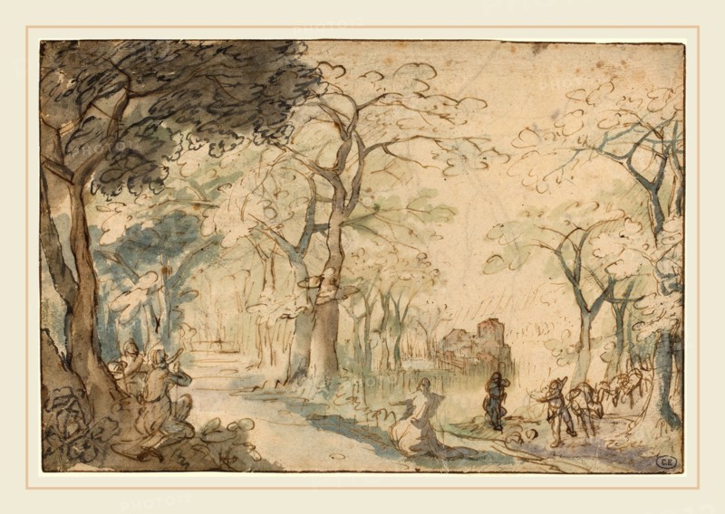 David Vinckboons, Dutch (1576-c. 1632), Landscape with Elisha Mocked, c. 1610, pen and brown ink with green, blue, brown, and pink wash over black chalk on laid paper