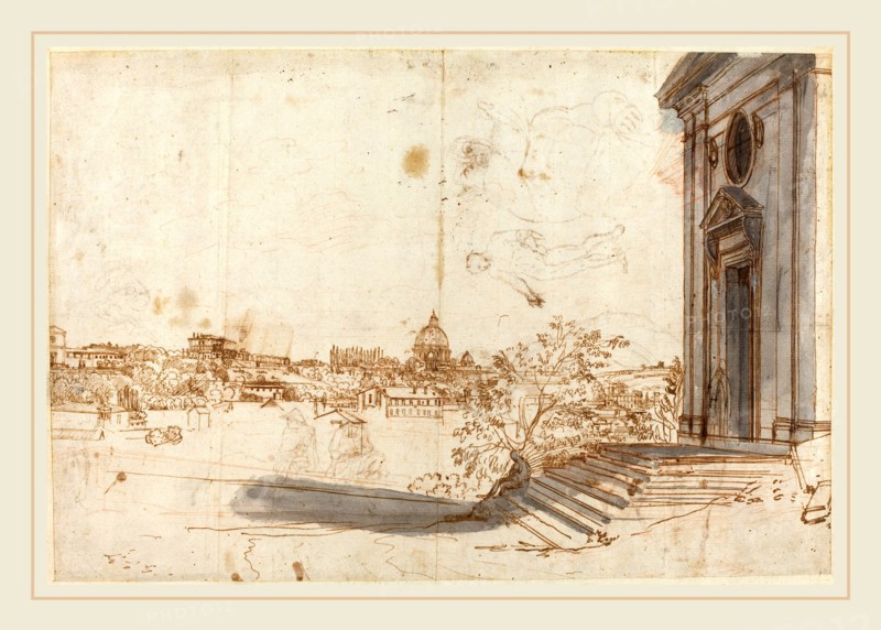 Gaspar van Wittel, Dutch (1652-1653-1736), A View of Rome from Santa Maria del Priorato, c. 1710, pen and brown ink and gray wash with red chalk on laid paper