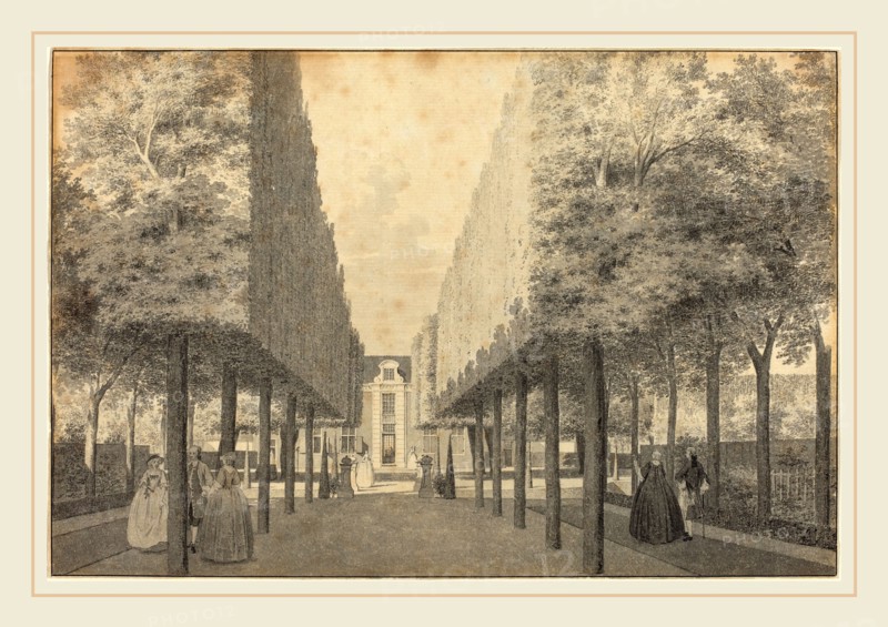 Cornelis Pronk, Dutch (1691-1759), Ladies and Gentlemen Enjoying a Dutch Garden, 1739, pen and gray ink with gray wash on laid paper