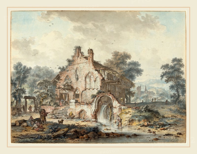 Hendrik de Meyer II (Netherlandish, 1744-1793), Rustic Watermill in a Gothic Ruin, 1778, pen and black ink with watercolor over black chalk on laid paper