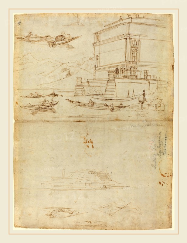 Gaspar van Wittel, Dutch (1652-1653-1736), Studies of Lago Maggiore and and the Entrance to a Palazzo, c. 1700, brown ink over graphite on laid paper