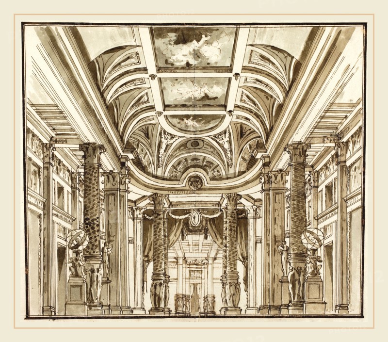 Pietro Gonzaga, Italian (1751-1831), Fantasy of a Great Hall with Basketweave Columns, c. 1800, pen and brown ink with brown wash on laid paper
