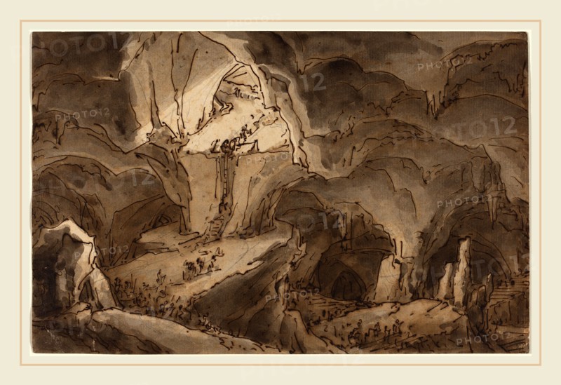 Antonio Basoli, Italian (1774-1848), Entrance to the Bowels of the Earth, before 1839, pen and brown ink with brown-gray wash over graphite on laid paper