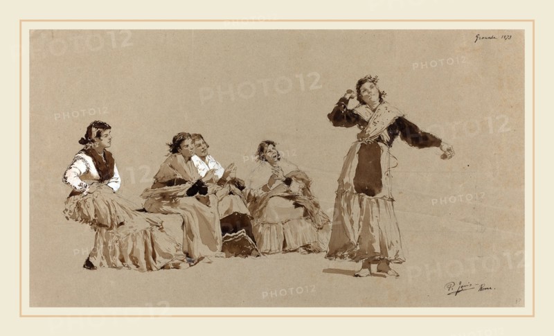 Pio Joris, Italian (1843-1921), Spanish Dancers, 1873, pen and brown ink with brown wash and white heightening over graphite