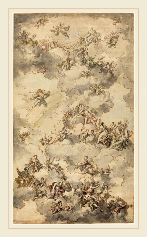 Bartolomeo Tarsia, Italian (c. 1690-1765), The Triumph of Wisdom, c. 1750, brown ink with gray and brown wash and white heightening over black chalk, squared for transfer in black chalk on laid paper