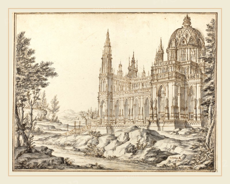 Vincenzo dal Re, Italian (died 1762), Cathedral in a Landscape, pen and brown ink with gray wash over graphite on laid paper