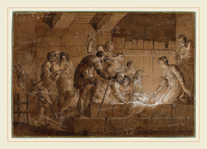 Giuliano Traballesi, Italian (1727-1812), The Nativity, pen and black ink with brown wash, heightened withwhite, on (brown paper?)