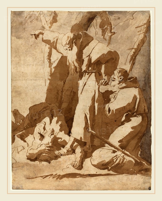 Giovanni Battista Tiepolo, Italian (1696-1770), Two Monks with a Prostrate Man, c. 1725, pen and brown ink with brown wash and added gray wash over black chalk on laid paper, laid down