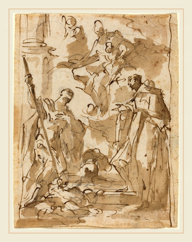Giovanni Antonio Pellegrini, Italian (1675-1741), The Madonna and Child Appearing to Saint Theodore and a Monastic Saint, pen and brown ink with brown wash over black chalk on laid paper