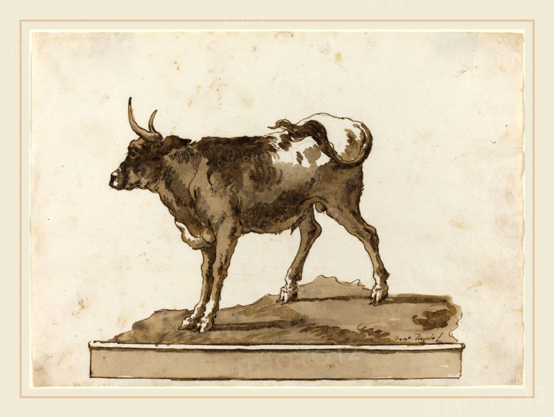 Giovanni Domenico Tiepolo, Italian (1727-1804), A Bull on a Ledge, 1770s, pen and brown ink with brown-gray wash over graphite on laid paper
