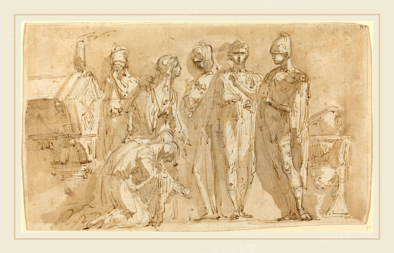 Giuseppe Bernardino Bison, Italian (1762-1844), Coriolanus before the Women of Rome, late 1780s, pen and brown ink and brown wash over black chalk on laid paper