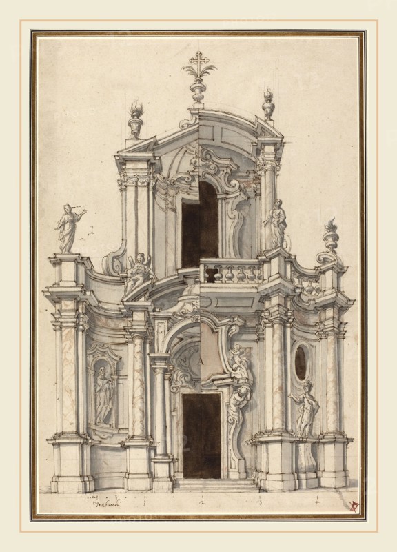Piedmontese 18th Century, Elevation for a Church Facade, with Alternatives, first half 18th century, pen and brown ink with gray and brown washes over graphite on laid paper