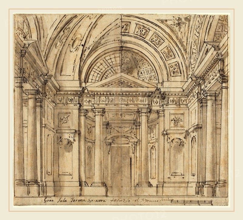 Fabrizio Galliari, Italian (1709-1790), Design for Entrance to a Hall, pen and brown ink and brown wash over graphite on laid paper