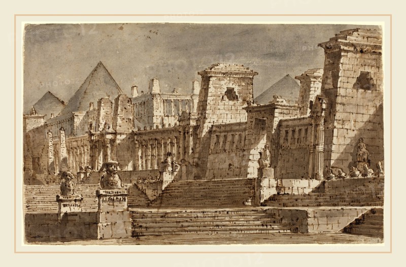 Pietro Gonzaga, Italian (1751-1831), An Egyptian Stage Design, c. 1815, pen and brown ink with gray and brown wash on laid paper