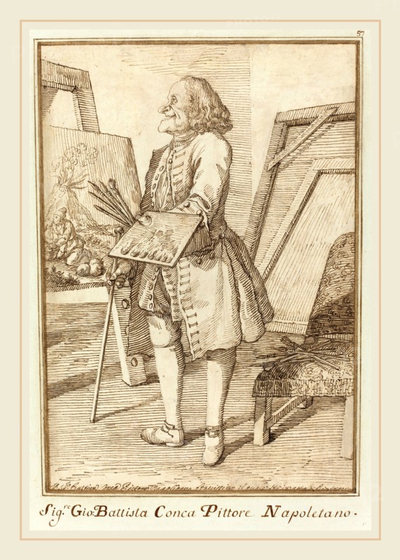 Pier Leone Ghezzi, Italian (1674-1755), Signore Sebastiano Conca, Pittore Napoletano, 1734-1755, pen and brown ink over black chalk on laid paper mounted on album page