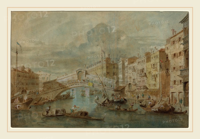 Attributed to Francesco Guardi, Italian (1712-1793), View of the Rialto Bridge, Venice, pen and brown ink with brown wash and watercolor on laid paper, laid down