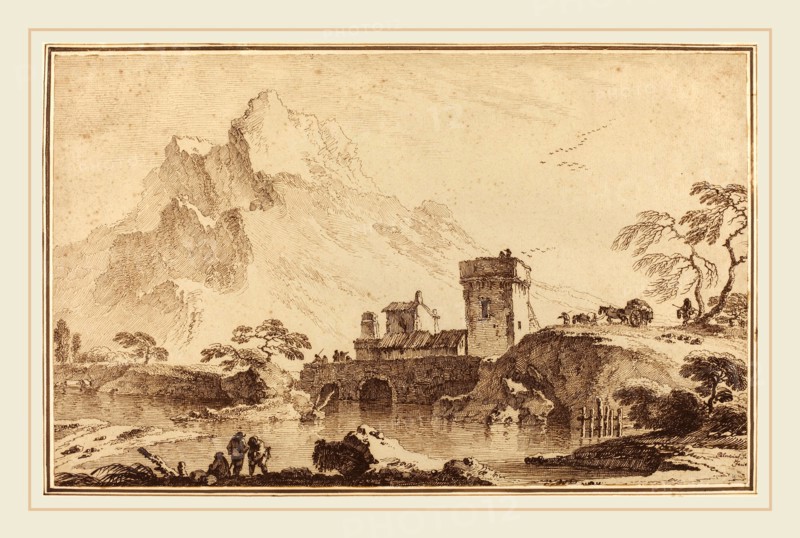 Pietro Giacomo Palmieri, Italian (1737-1804), Fortified Bridge against Distant Mountains, c. 1760, pen and brown ink over black chalk