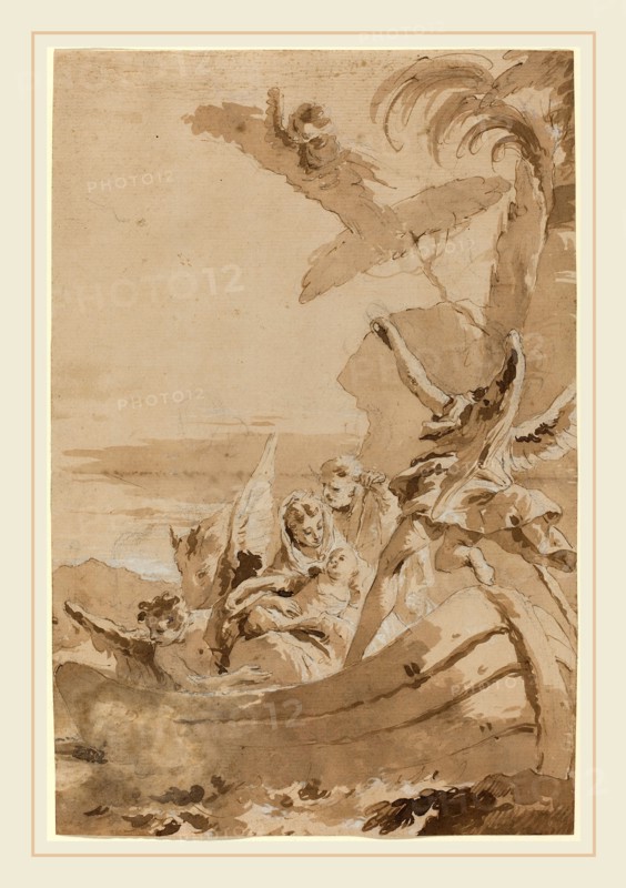 Giustino Menescardi, Italian (c. 1720-c. 1776), The Flight into Egypt with the Holy Family and Two Angels in a Skiff, pen and brown ink with brown wash, heightened with white, over black chalk on laid paper