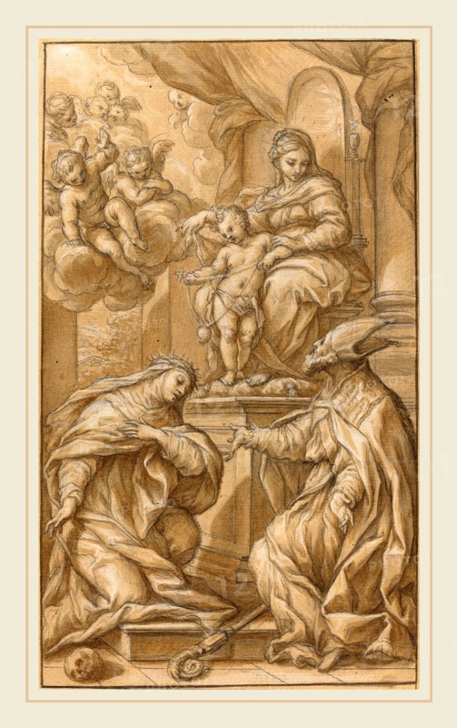 Giuseppe Nicola Nasini, Italian (1657-1736), The Madonna and Child Enthroned, Adored by Two Saints, pen and brown ink with brown washes, heightened with white, over black chalk on tinted laid paper