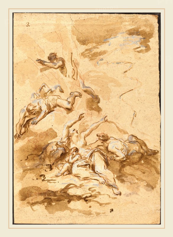 Alessandro Magnasco, Italian (1667-1749), Figures in a Storm, brush and brown ink with brown wash, heightened with white, over red chalk on laid paper