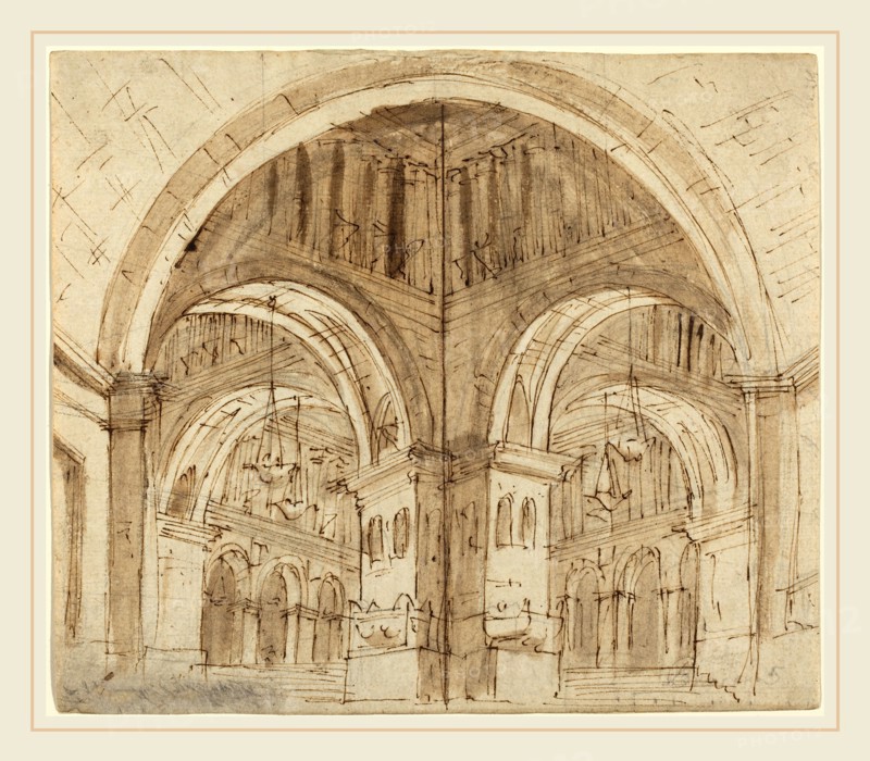 Lorenzo Sacchetti, Italian (1759-after 1834), Design for a Vaulted Hall, pen and brown ink with brown wash over black chalk on laid paper
