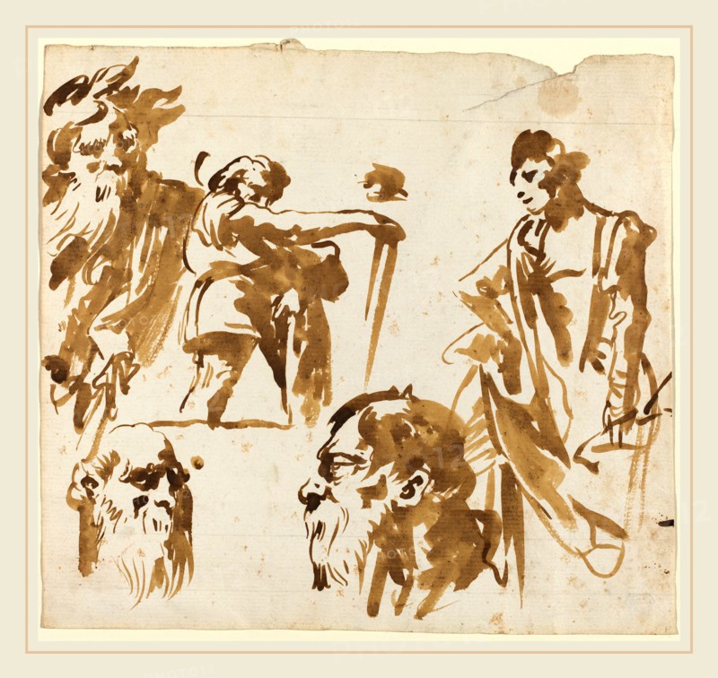 Giovanni Domenico Tiepolo, Italian (1727-1804), Figures and Faces, 1750s, brush and brown wash on laid paper