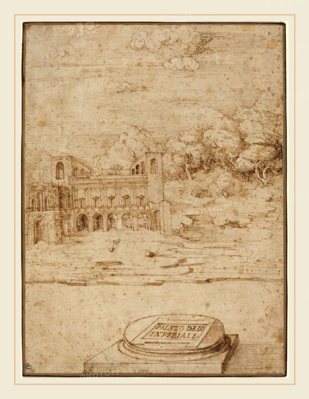 Venetian 16th Century, Probably Titian, Italian (c. 1490-1576), The Villa Imperiale, 1530s, pen and brown ink, brown wash, and incised on laid paper