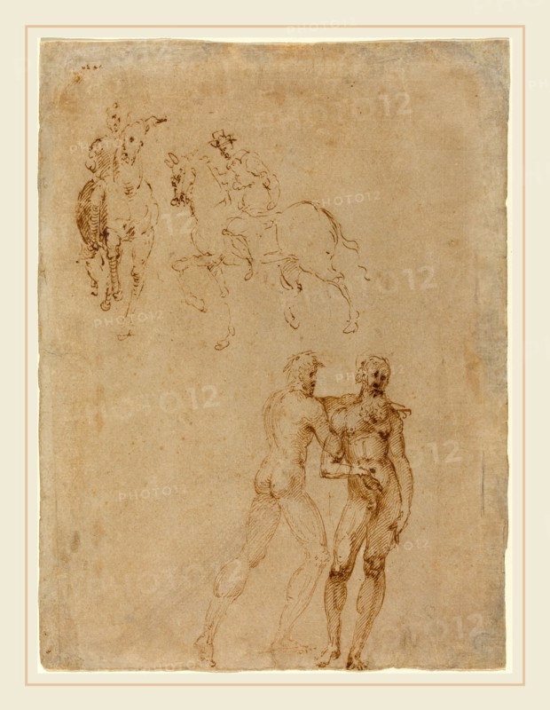 Attributed to Vincenzo Tamagni, Italian (1492-c. 1530), Two Horsemen and Two Male Nudes, pen and brown ink on laid paper