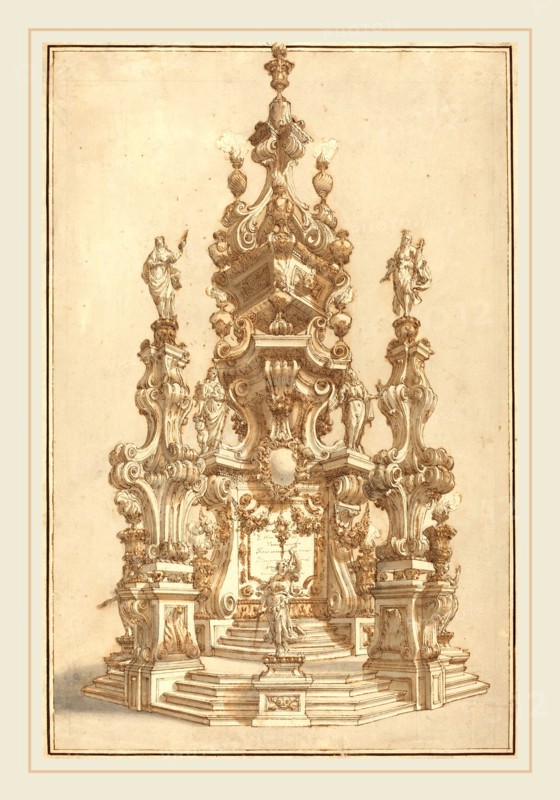 Francesco Galli Bibiena, Italian (1659-1739), Magnificent Catafalque for a Deceased Noble, pen and brown ink with brown and gray washes over graphite on laid paper
