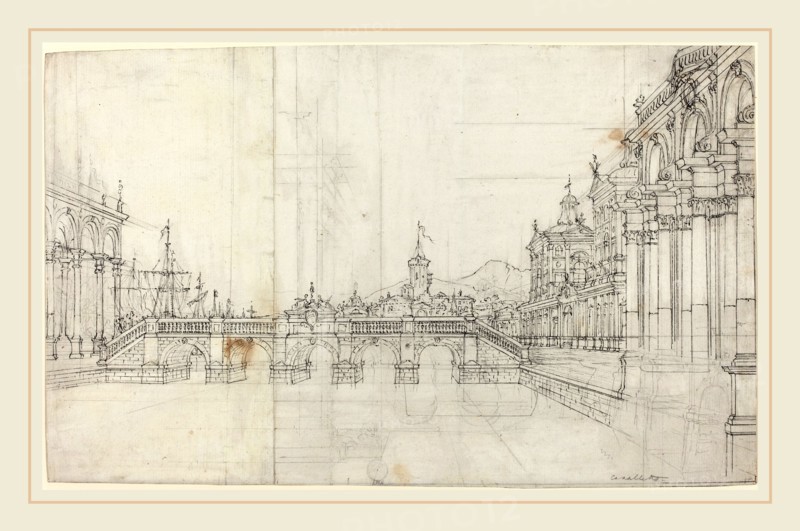 Bernardo Bellotto, Italian (1722-1780), A Capriccio of Palaces and a Loggia Facing a Classical Bridge, c. 1750, pen and black ink over graphite on two joined sheets of laid paper