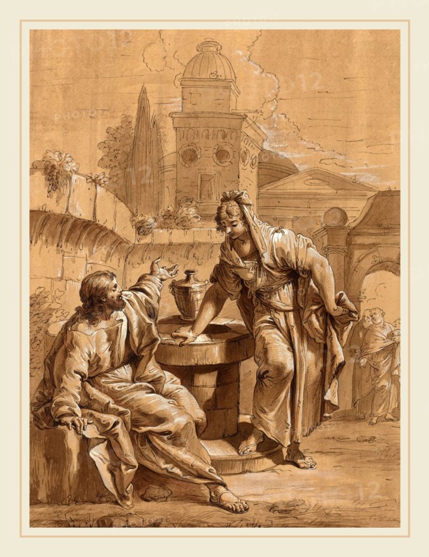 Follower of Francesco Fontebasso, Christ and the Woman of Samaria, 18th century, pen and brown ink, brush and brown ink, and brown wash, heightened with white, on prepared laid paper