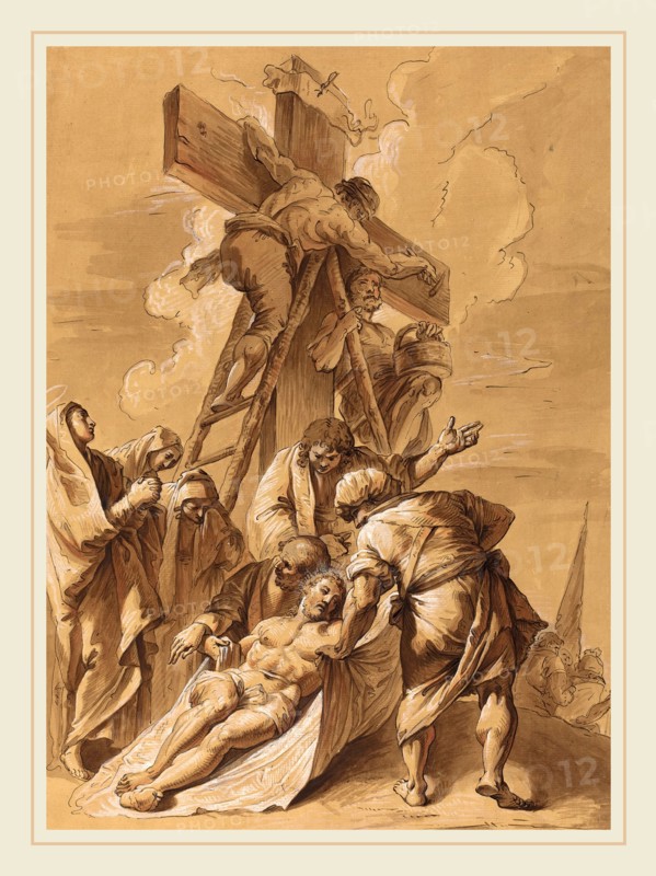 Follower of Francesco Fontebasso, The Deposition, 18th century, pen and brown ink, brush and brown ink, and brown wash, heightened with white, on prepared laid paper