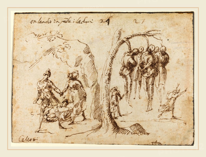 Francesco Allegrini, Italian (c. 1615-after 1679), Orlando and the Thieves, pen and brown ink on laid paper