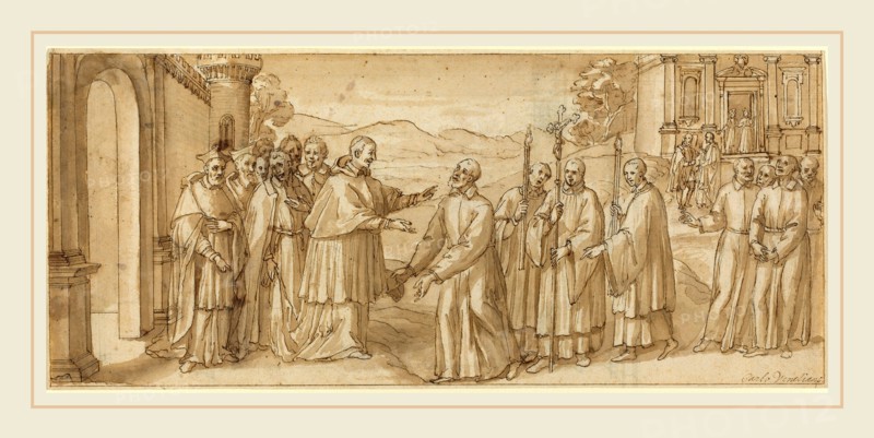 Italian 17th Century, The Meeting of San Carlo Borromeo and San Filippo Neri, c. 1600, pen and brown ink with brown wash on laid paper