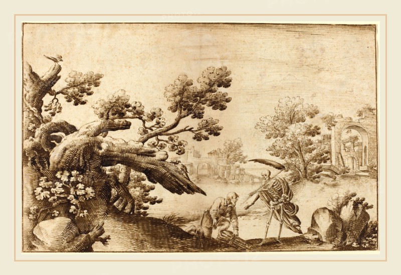 Ercole Bazicaluva, Italian (c. 1610-1661 or after), Death and the Woodman in a Coastal Landscape with Ruins, pen and brown ink over black chalk on laid paper
