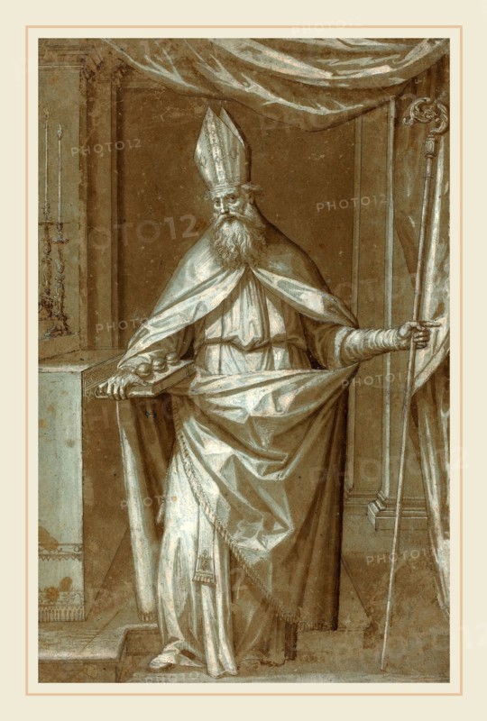 Attributed to Cesare Aretusi, Italian (active 1586-1612), Saint Nicolas of Bari, pen and brown ink with brown wash and white heightening over graphite on blue paper