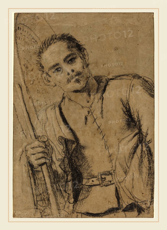 Giovanni Francesco Barbieri, called Guercino, Italian (1591-1666), A Grain Merchant, c. 1620, black chalk heightened with white on laid paper prepared with brown wash