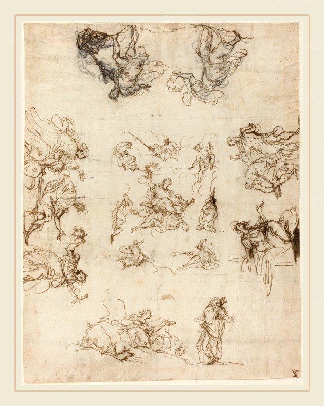 Alessandro Maganza, Italian (1556-1640), A Compartmented Ceiling with Allegories and Myths, 1590-1600, pen and brown ink over black chalk on laid paper