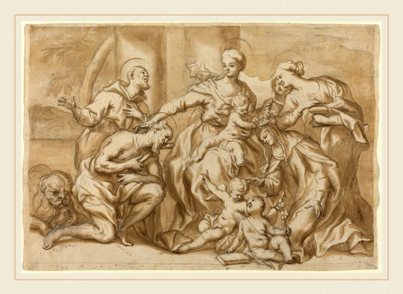 Domenico Piola I, Italian (1627-1703), Madonna Surrounded by Saints, charcoal with brown wash on laid paper