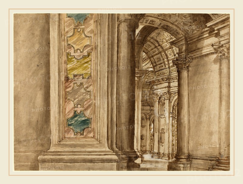Italian 17th Century, The Interior of Saint Peter's, Rome, first quarter 17th century, pen and brown ink with brown wash and watercolor heightened with white over black chalk on laid paper
