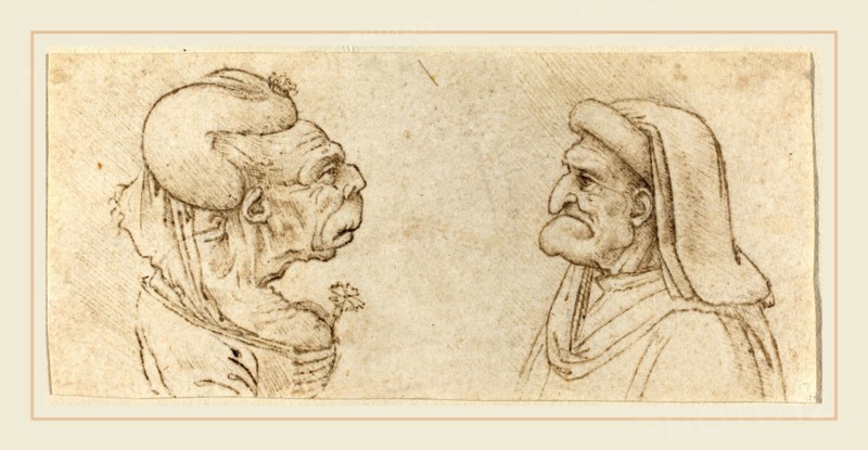 Francesco Melzi after Leonardo da Vinci, Italian (1493-c. 1570), Two Grotesque Heads, pen and brown ink