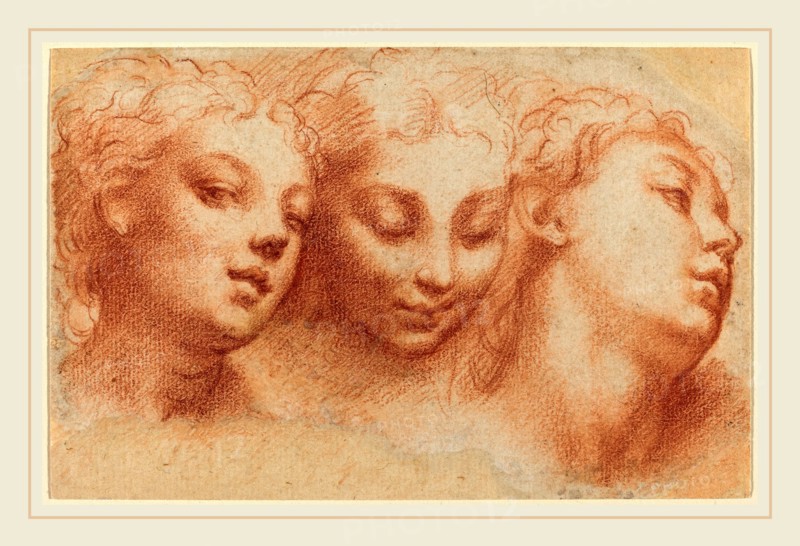 Parmigianino, Italian (1503-1540), Three Feminine Heads, c. 1522-1524, red chalk on laid paper; laid down