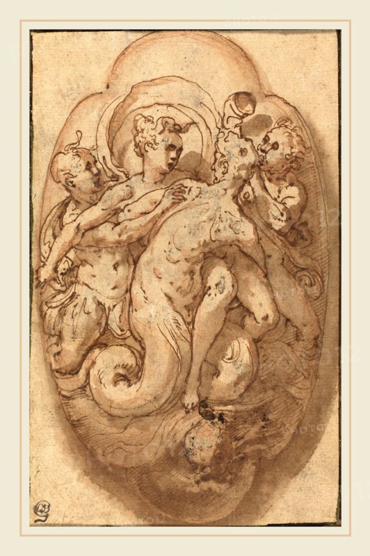 Taddeo Zuccaro, Italian (1529-1566), Mythological Figures, c. 1561, pen and brown ink and brown wash over red chalk, heightened with white, on laid paper; laid down