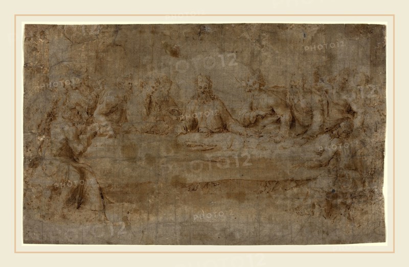 Italian 16th Century, The Last Supper, mid 16th century, pen and brown ink with brown wash and white heightening squared in black chalk on laid paper