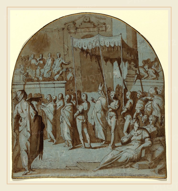 Attributed to Giovanni Balducci, Italian (c. 1560-1631 or after), The Entry of Saint Antoninus into Florence, pen and brown ink with brown wash heightened with white on blue laid paper