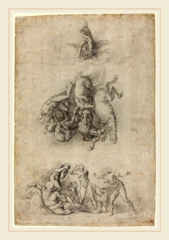 Agnolo Bronzino or Giulio Clovio after Michelangelo, Italian (1503-1572), The Fall of Phaethon, 1555-1559, black chalk on laid paper