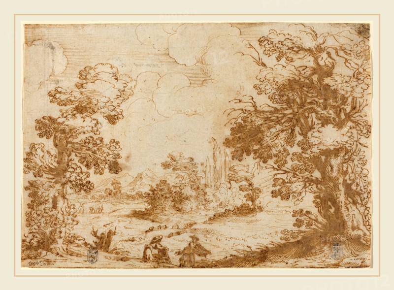 Agostino Carracci, Italian (1557-1602), Landscape with Two Washerwomen, 1580s, pen and brown ink on laid paper